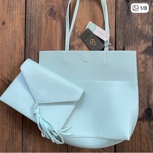 Street Level Light Mint Leather Tote with Matching Clutch